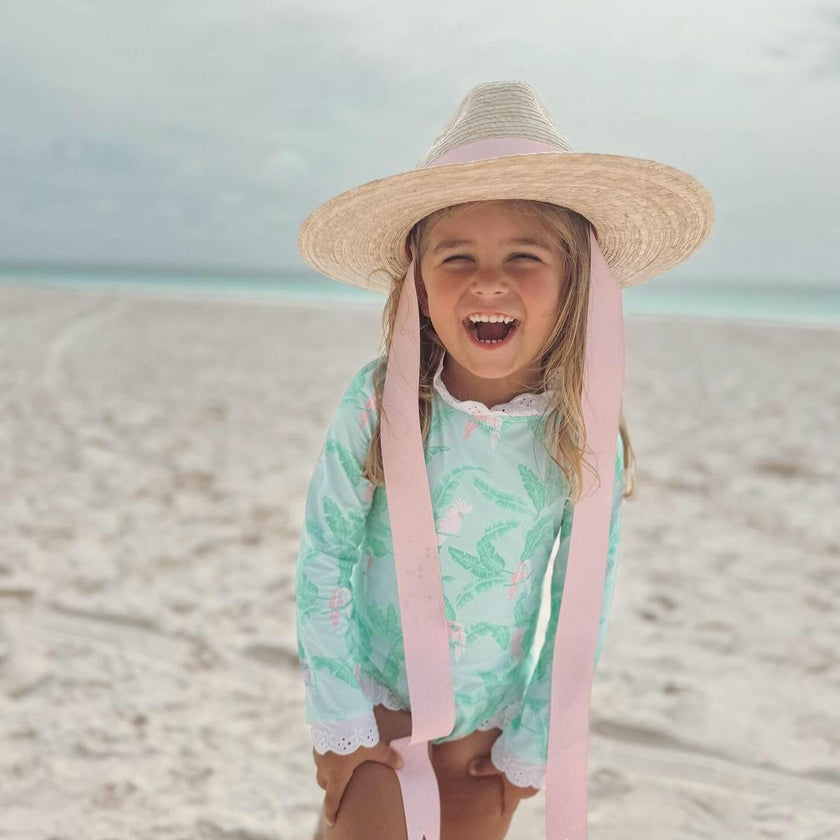 Zinnia Sun Hat for Little Girls (Age 4-10) - Long Pastel Pink Grosgrain Ribbon