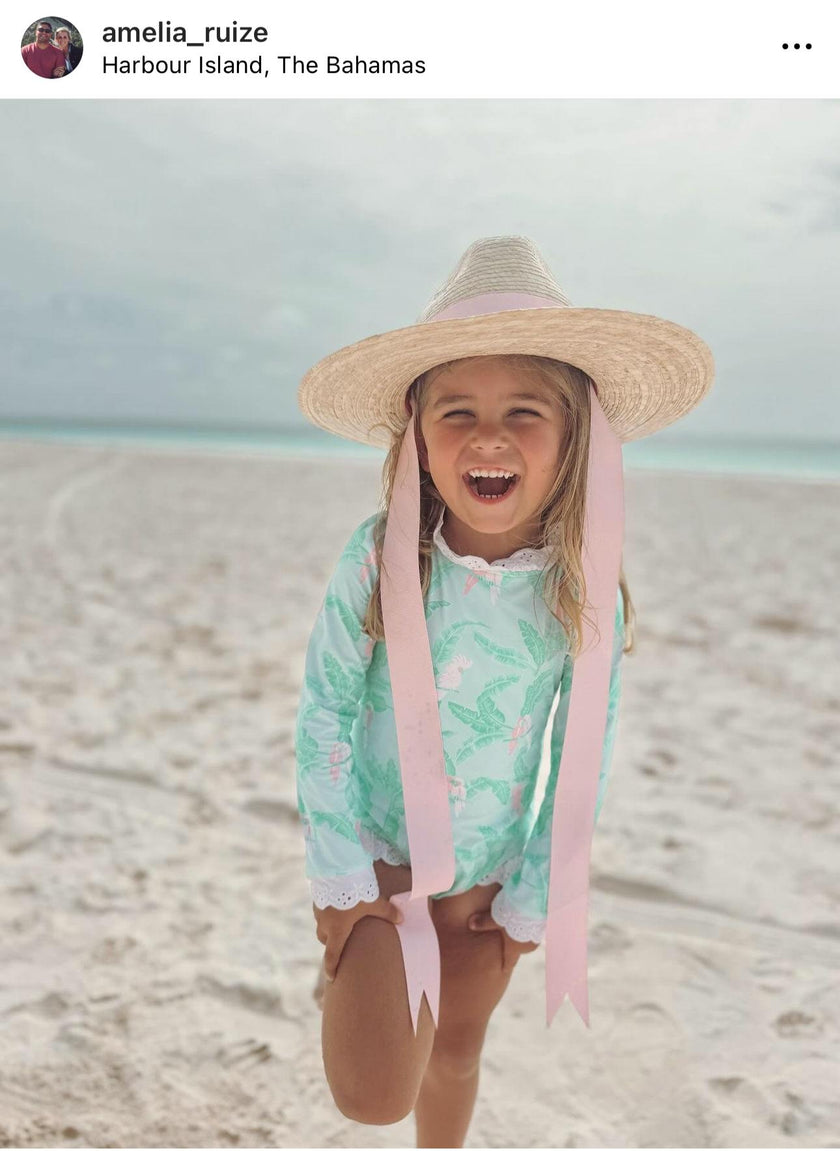 Zinnia Sun Hat for Little Girls (Age 4-10) - Long Pastel Pink Grosgrain Ribbon