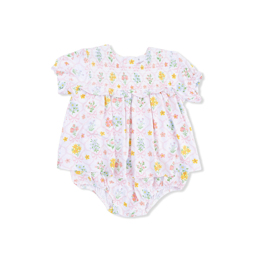 Spring Blooms Bow Trellis - Smocked Ruffle Bubble with Skirt