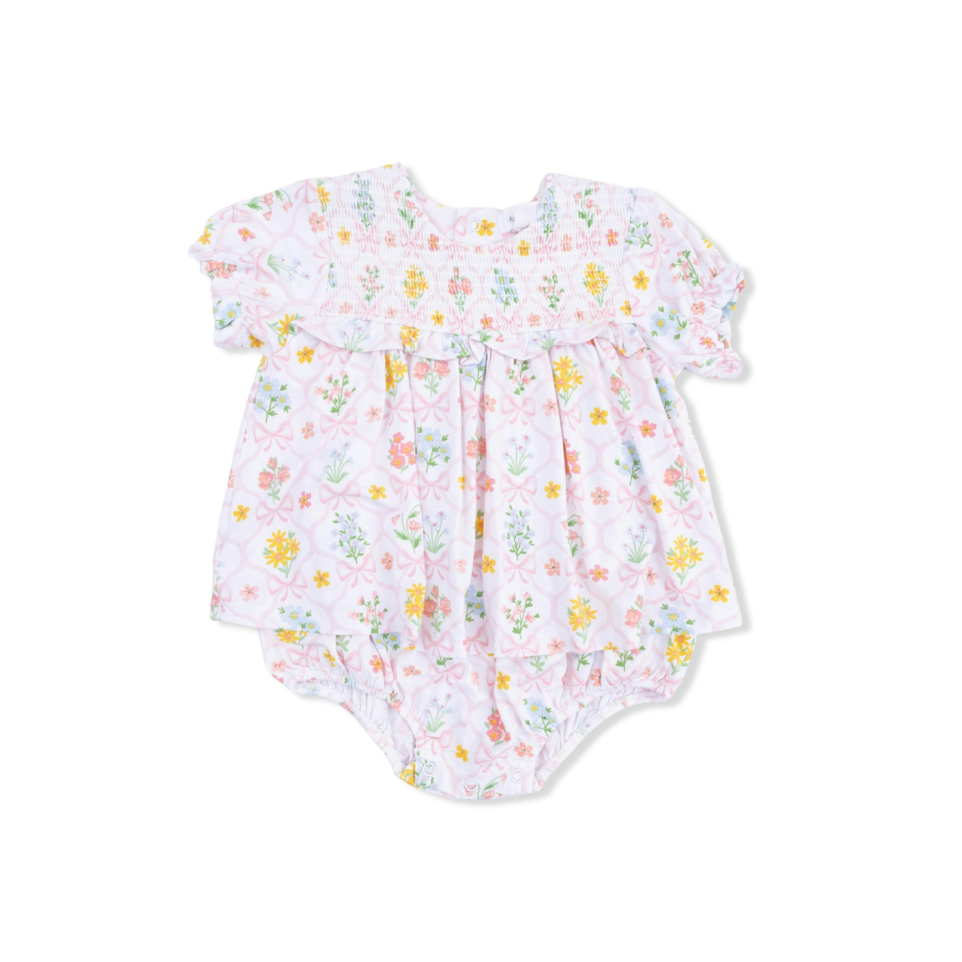 Spring Blooms Bow Trellis - Smocked Ruffle Bubble with Skirt