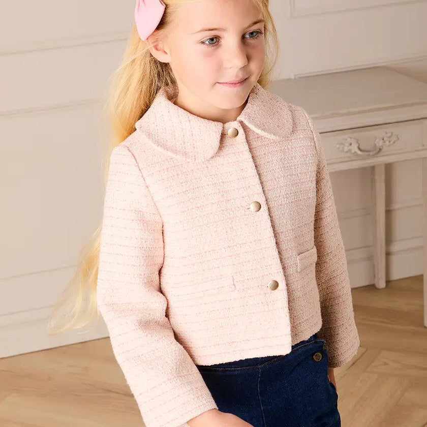 Brighton Boucle Tweed Peter Pan Collar Pocket Detail Jacket in Pink (4-12yrs)