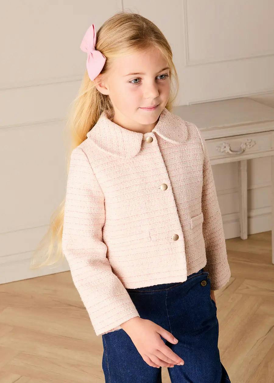 Brighton Boucle Tweed Peter Pan Collar Pocket Detail Jacket in Pink (4-12yrs)