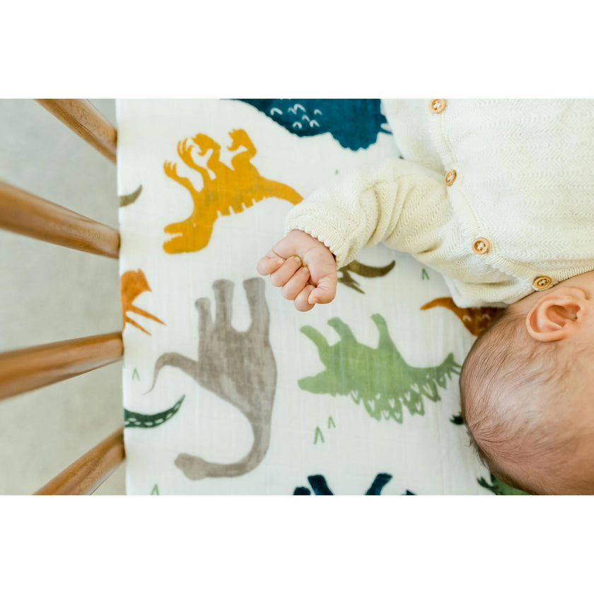 Cotton Muslin Crib Sheet - Dino Friends
