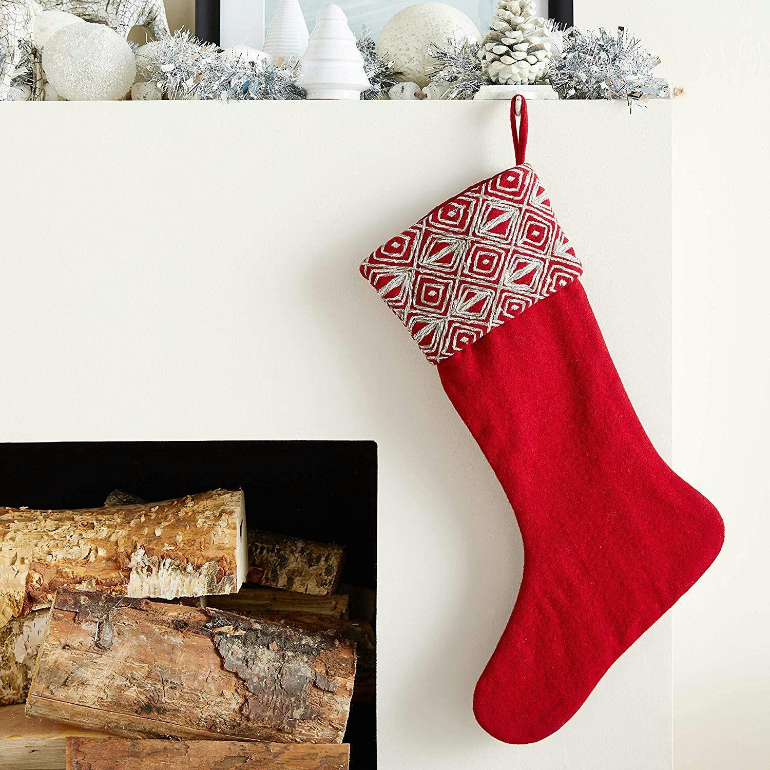 Red Christmas Stocking with Geo Embroidered Cuff in Recycled Wool