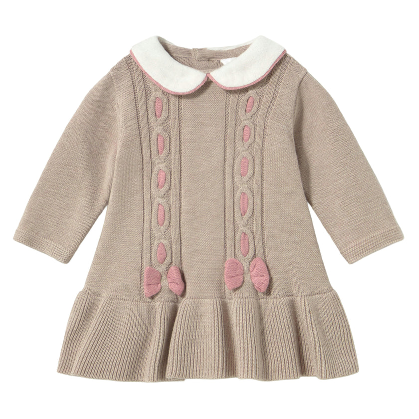 Beige Knitted Dress with Bow Accents