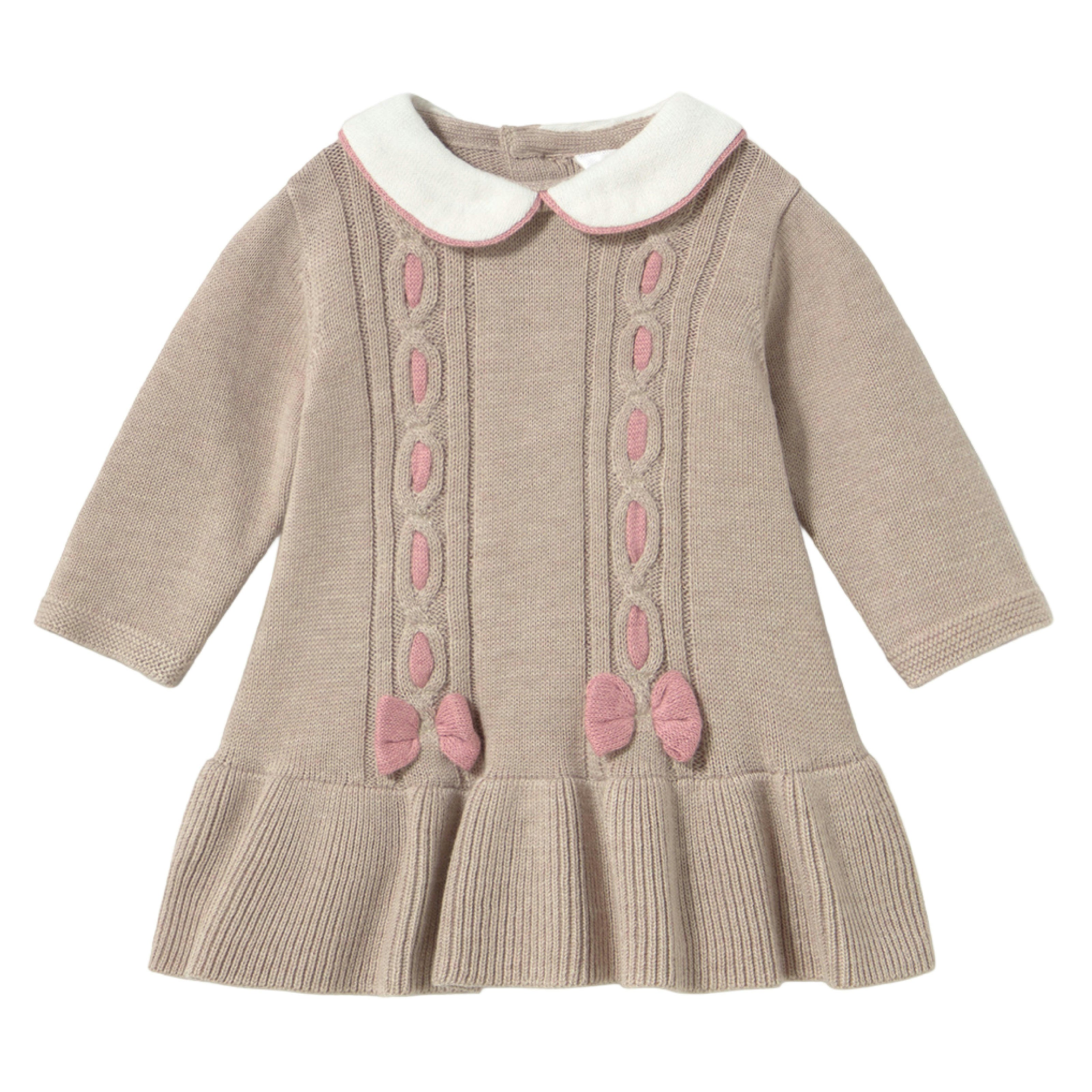 Beige Knitted Dress with Bow Accents