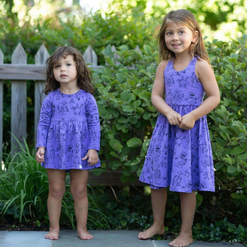 Cross Back Twirly Dress in Robots