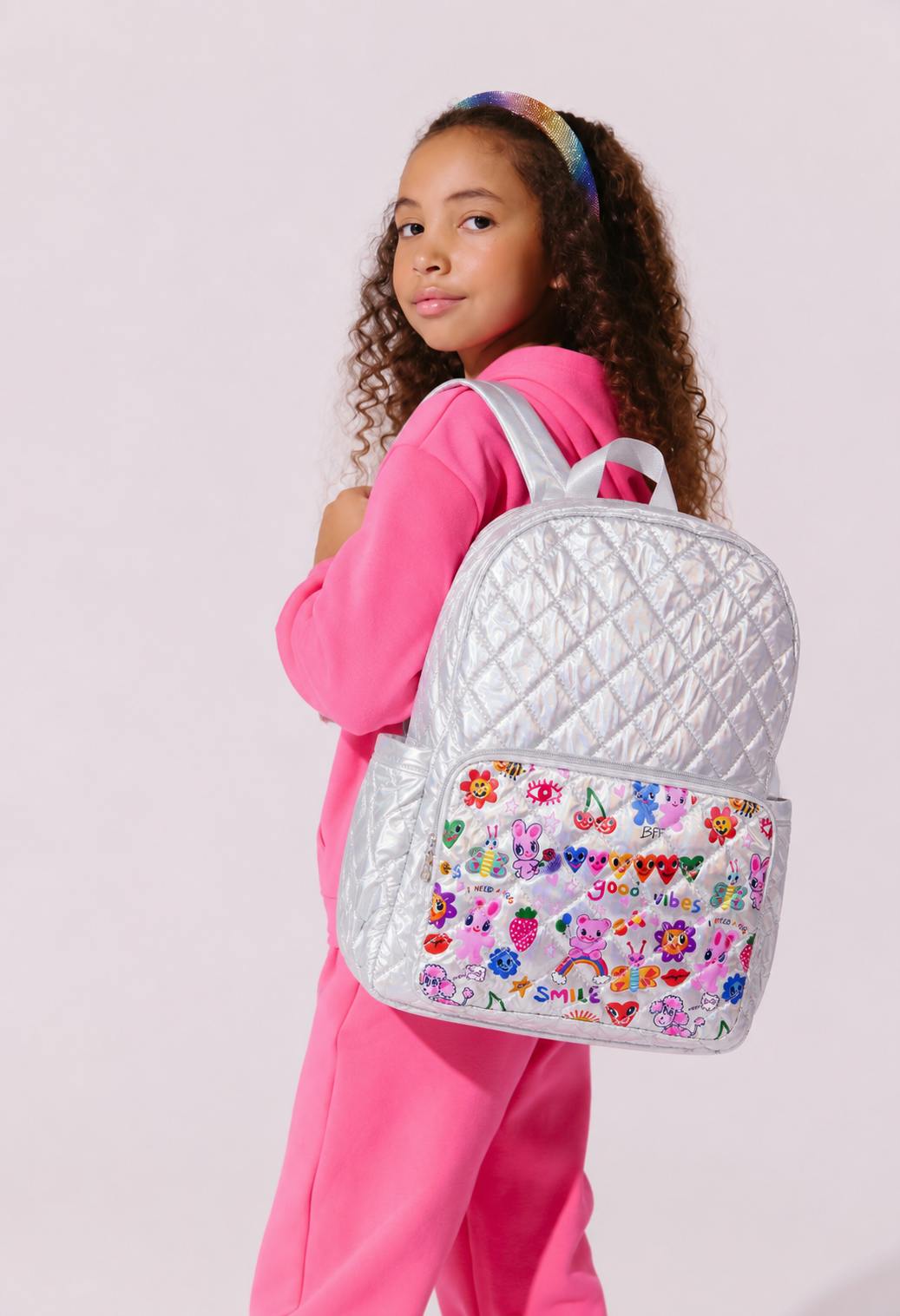 Silver Hologram Doodle Art Quilted Backpack