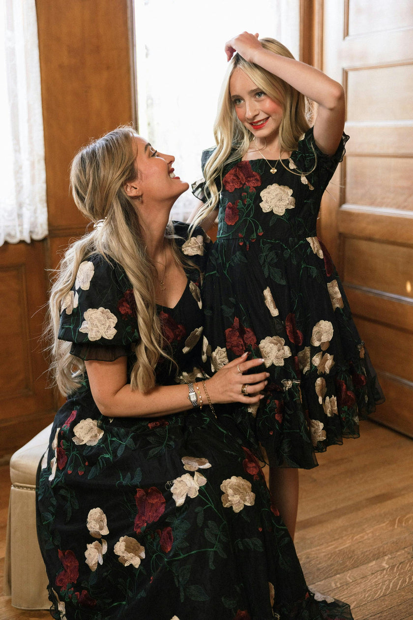 Mini Amora Dress in Obsidian Rose Embroidery