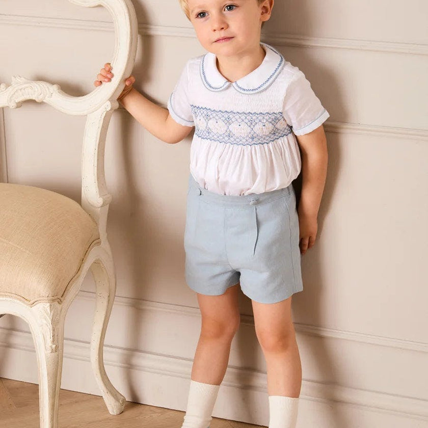 Hand Smocked Peter Pan Collar Short Sleeve Two Piece Set in Sky Blue (12mths-6yrs)