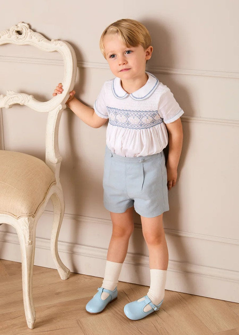 Hand Smocked Peter Pan Collar Short Sleeve Two Piece Set in Sky Blue (12mths-6yrs)