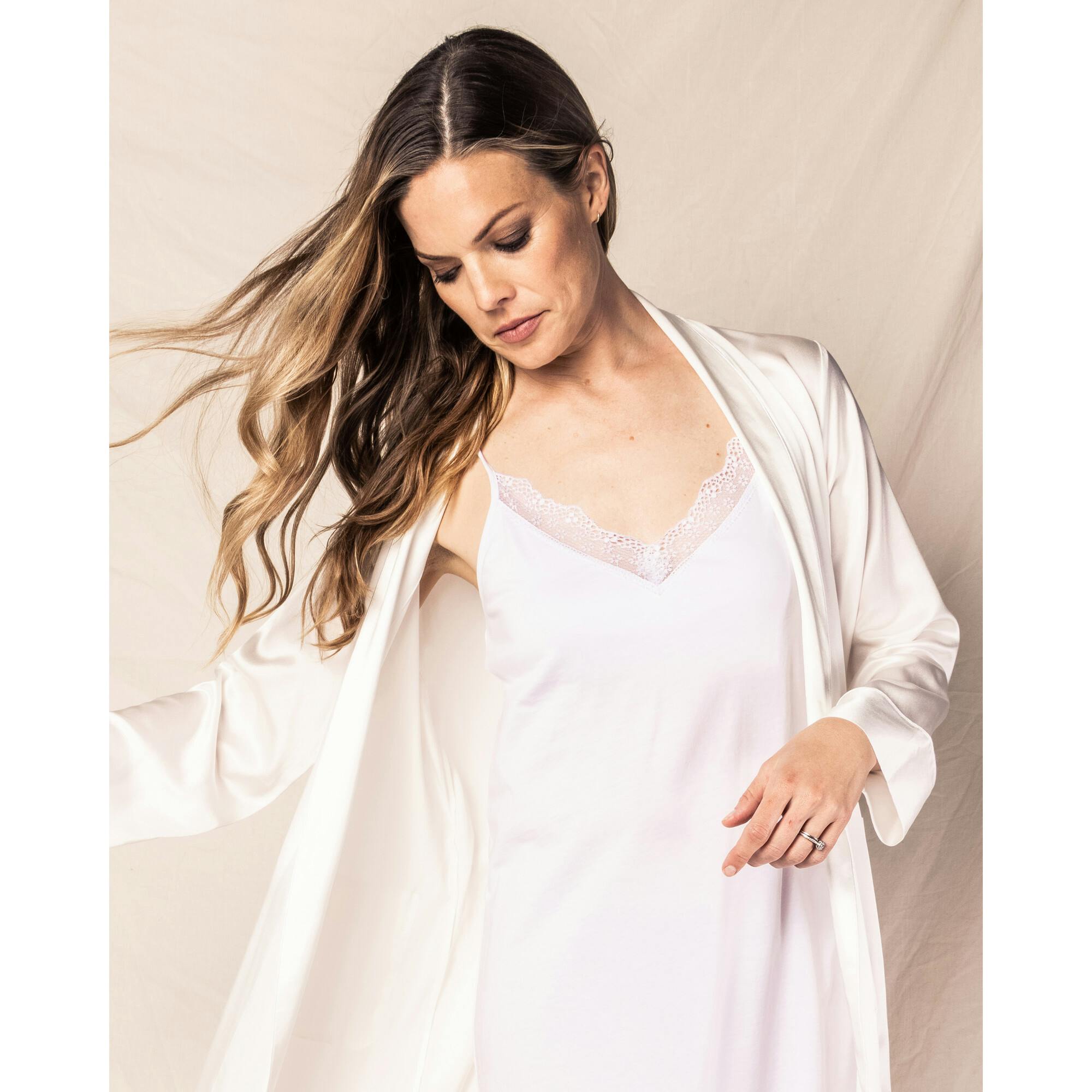 Women's Silk Long Robe in Navy