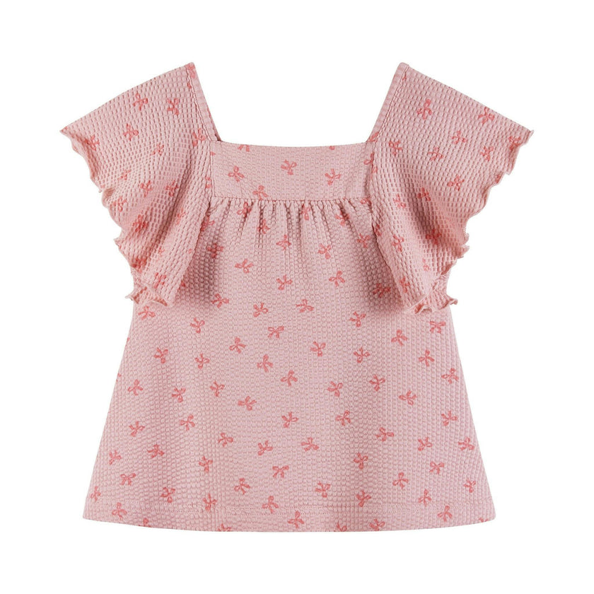 Girls Knit Seersucker Top & Pant Set | Pink Bow Print
