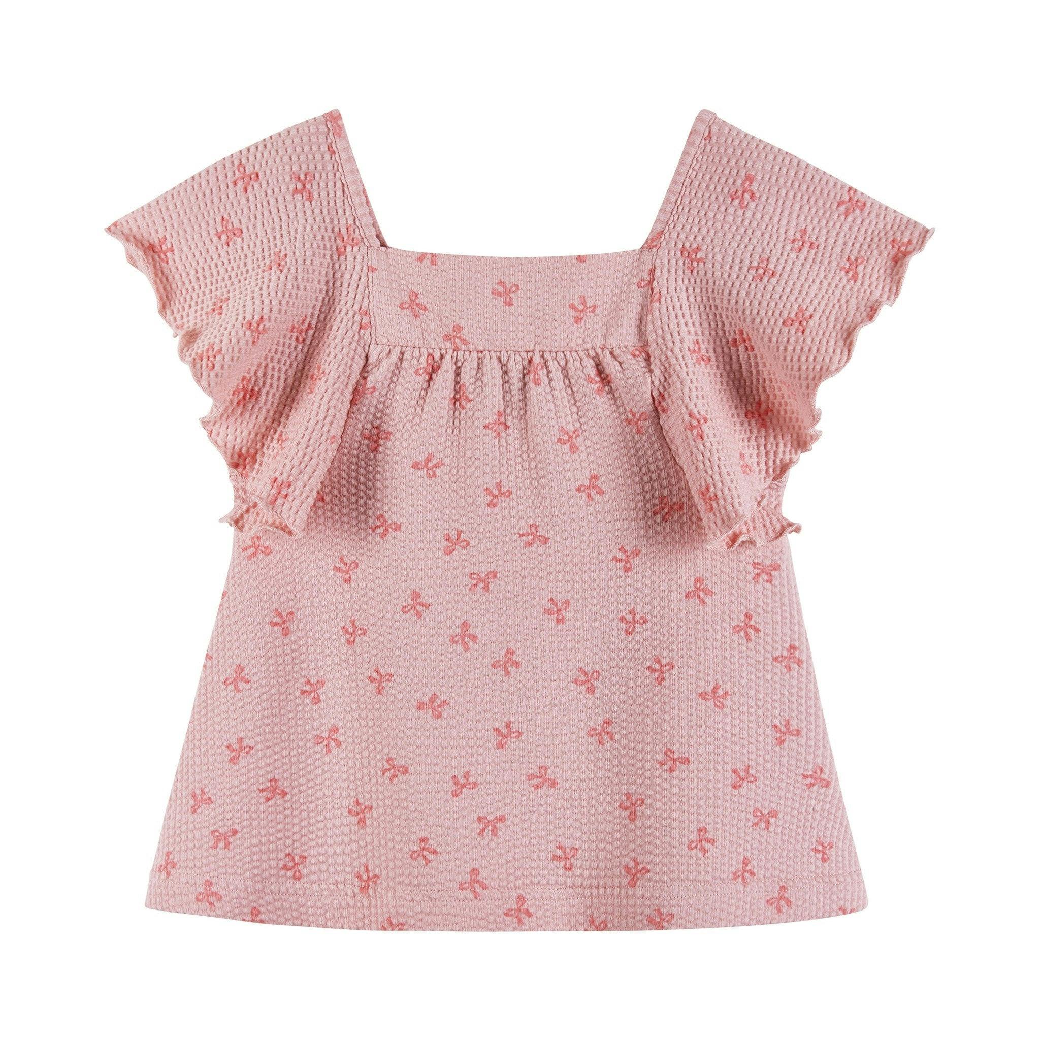Girls Knit Seersucker Top & Pant Set | Pink Bow Print