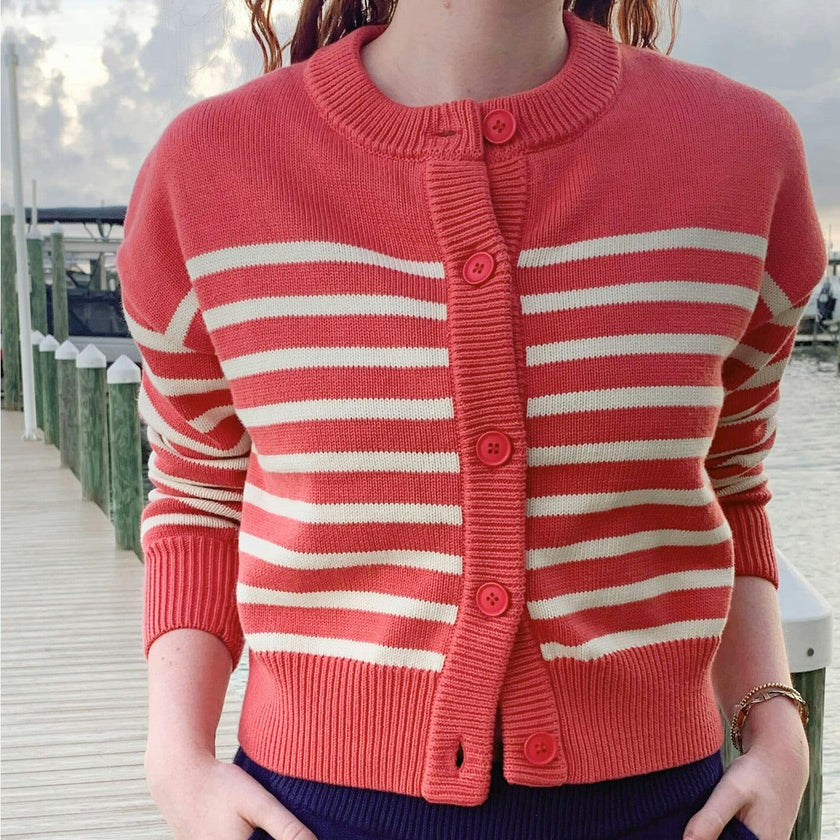 Women's Red And Cream Stripe Cropped Knit Cardigan