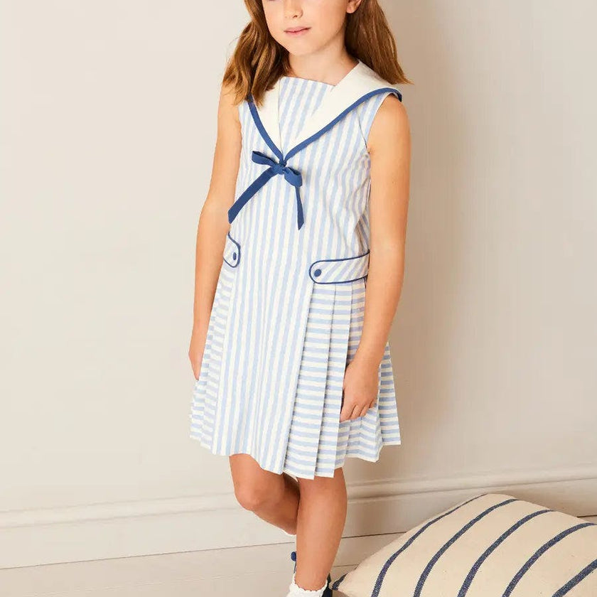 Regency Striped Mariner Collar Pleated Sleeveless Dress in Blue (12mths-10yrs)