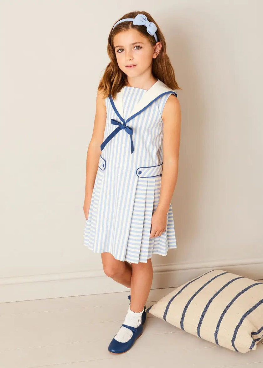 Regency Striped Mariner Collar Pleated Sleeveless Dress in Blue (12mths-10yrs)