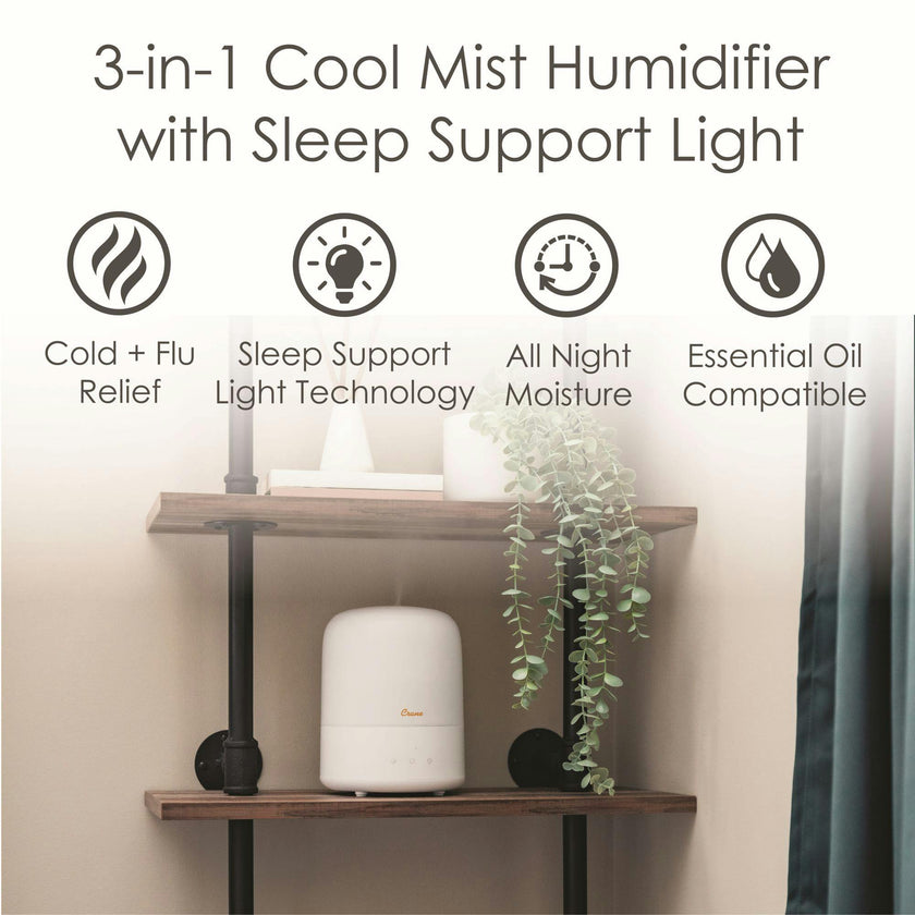 3-in-1 Compact Humidifier, 0.5 Gallon with Sleep Support Light & Aroma Diffuser