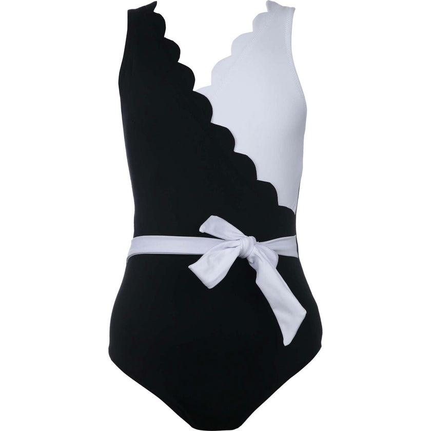 Yuki Scalloped V-Neck 2-Tone Belted Swimsuit