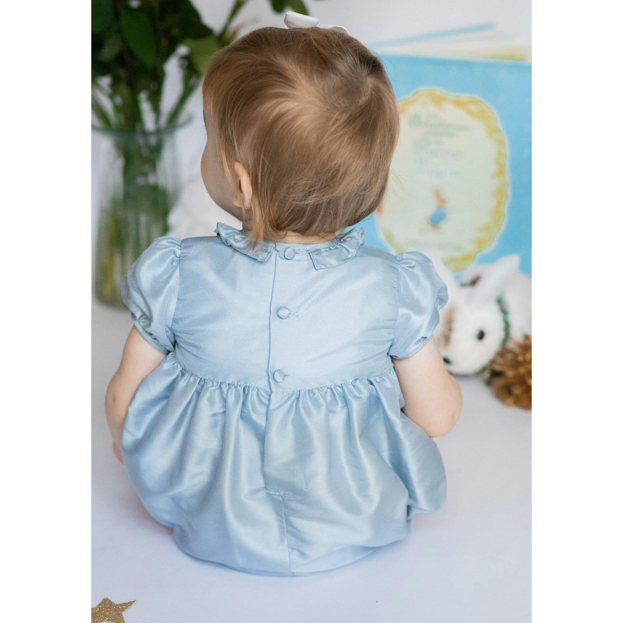 Astrid Blue Silk Smocked Baby Bubble