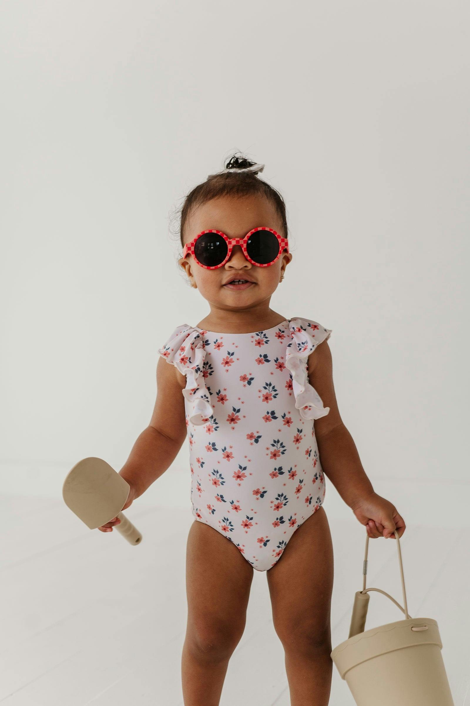 Girl's Ruffle Sleeve Cross Back Swimsuit
