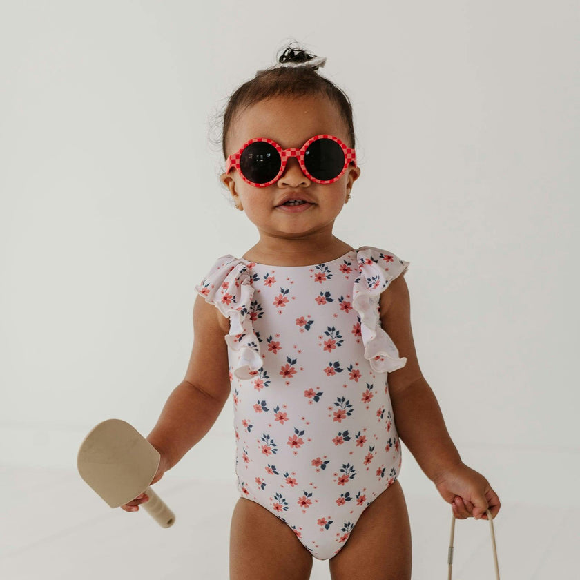 Girl's Ruffle Sleeve Cross Back Swimsuit