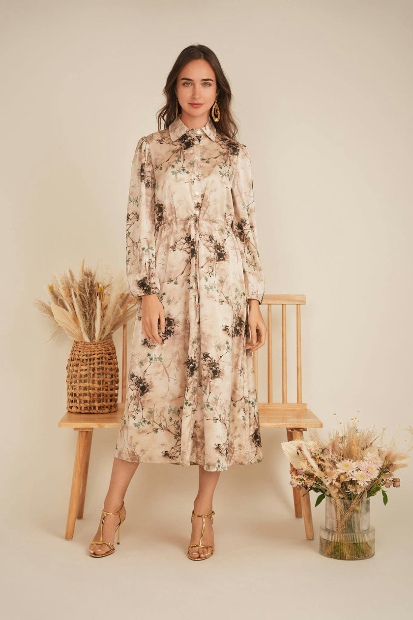 Printed Satin Belted Shirt Dress