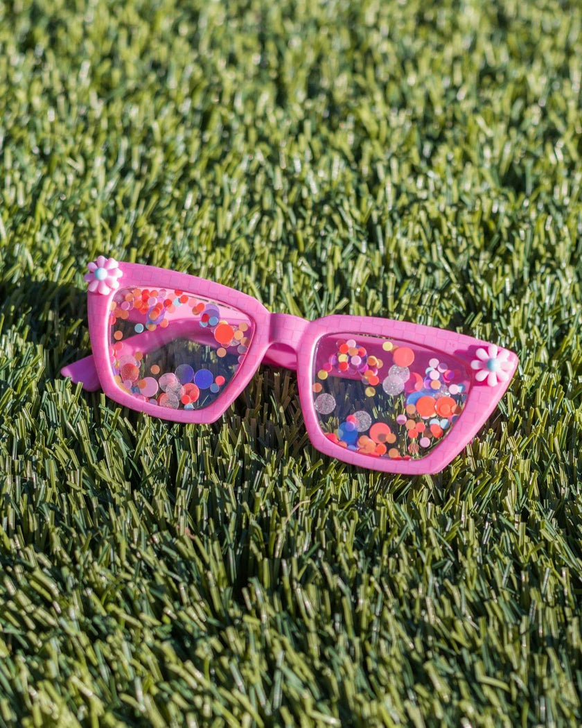 Packed Party Vitamin Me Confetti Novelty Sunglasses - Pink Checkered Frames with 3D Silicone Flowers and Multicolor Confetti Lenses, 2x6 Inch, One Size