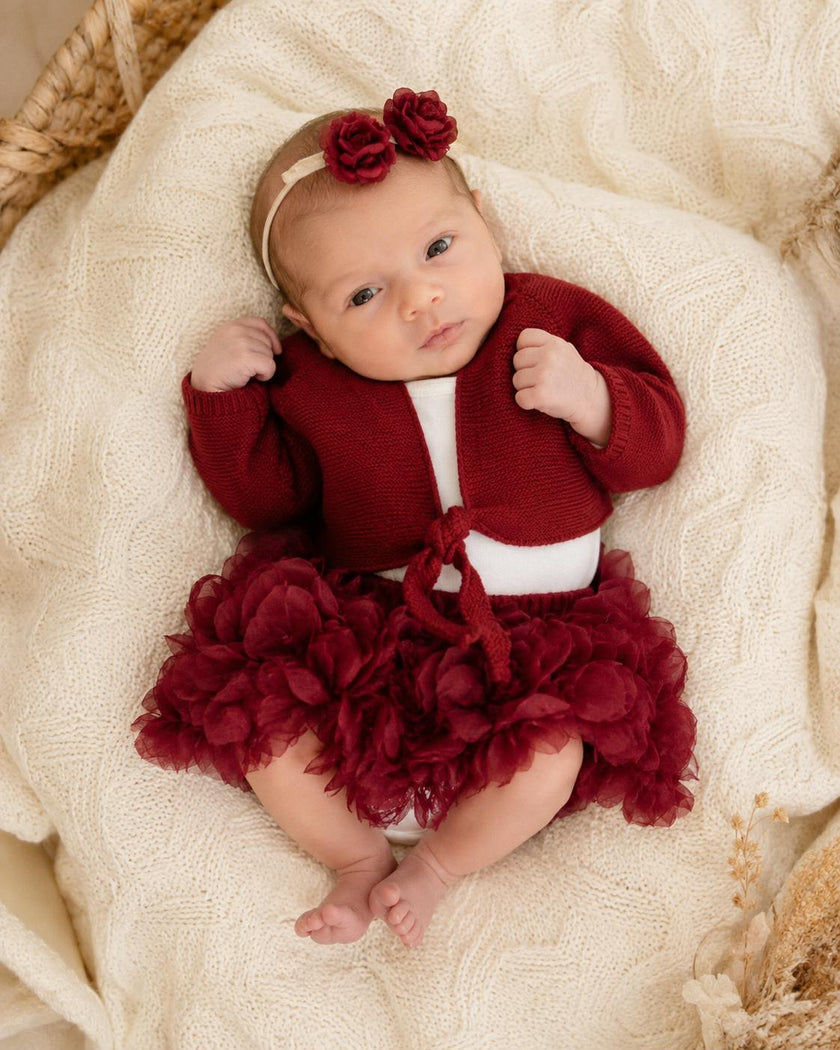Baby Girl Cotton Outfit Set – Floral Skirt, Knit Bolero, Bodysuit & Matching Headband