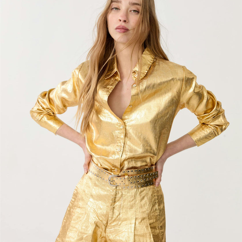 Frida Metallic&nbsp;Linen Shorts - Gold