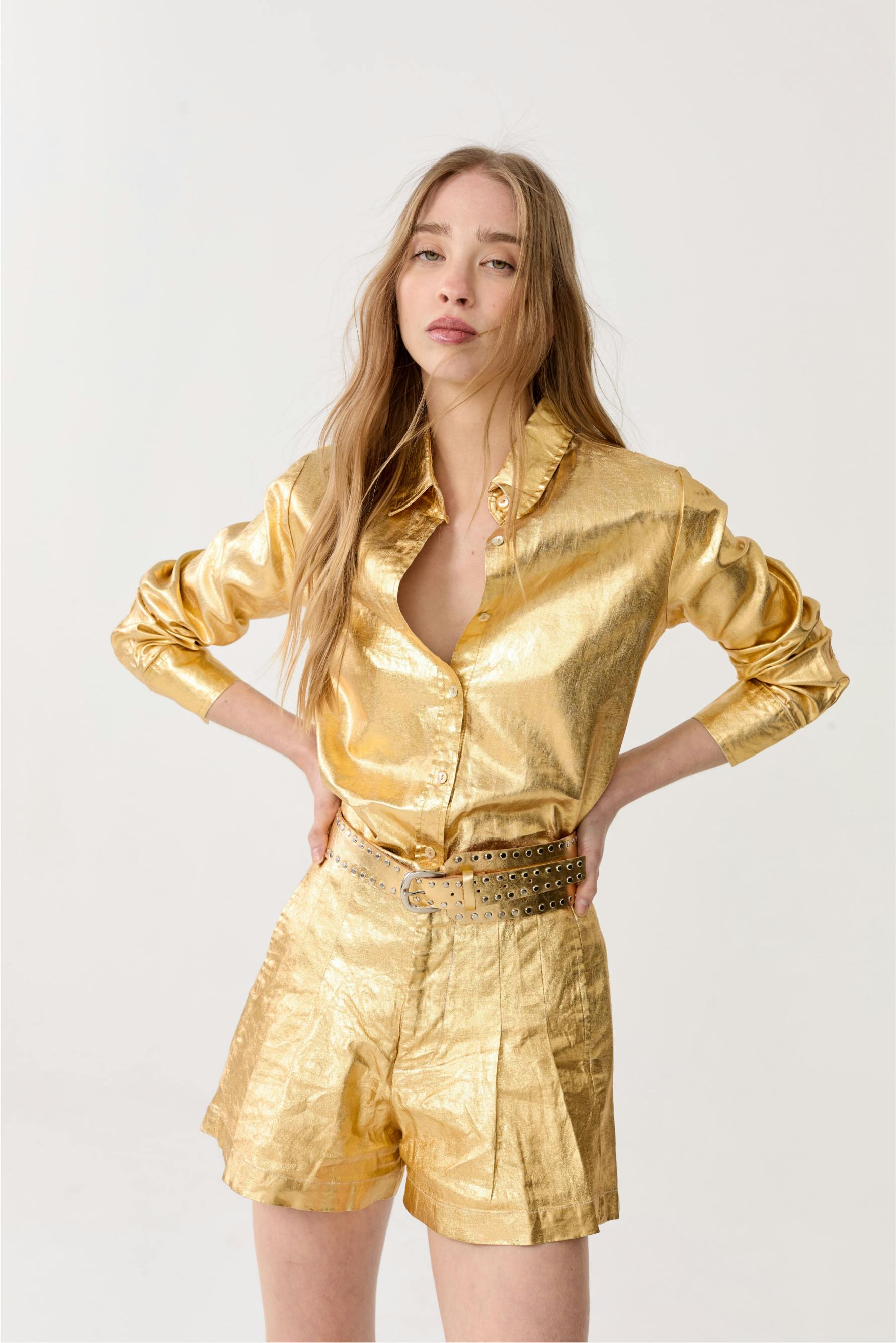 Frida Metallic&nbsp;Linen Shorts - Gold