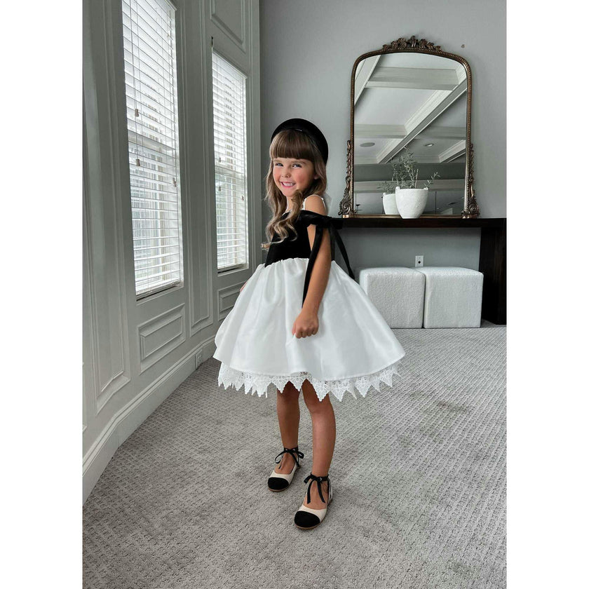 Audrey Black Velour Top and White Sateen Dress