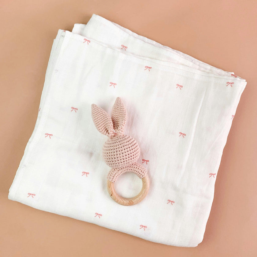 Bow Swaddle and Teether Set - Pink Bunny
