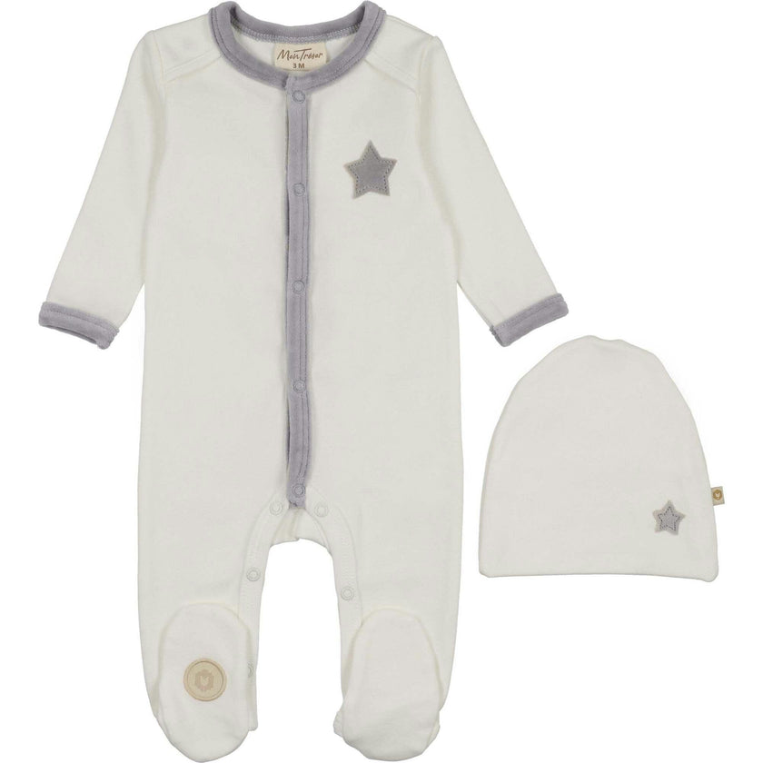Star-Patch Velour Footie & Hat Set