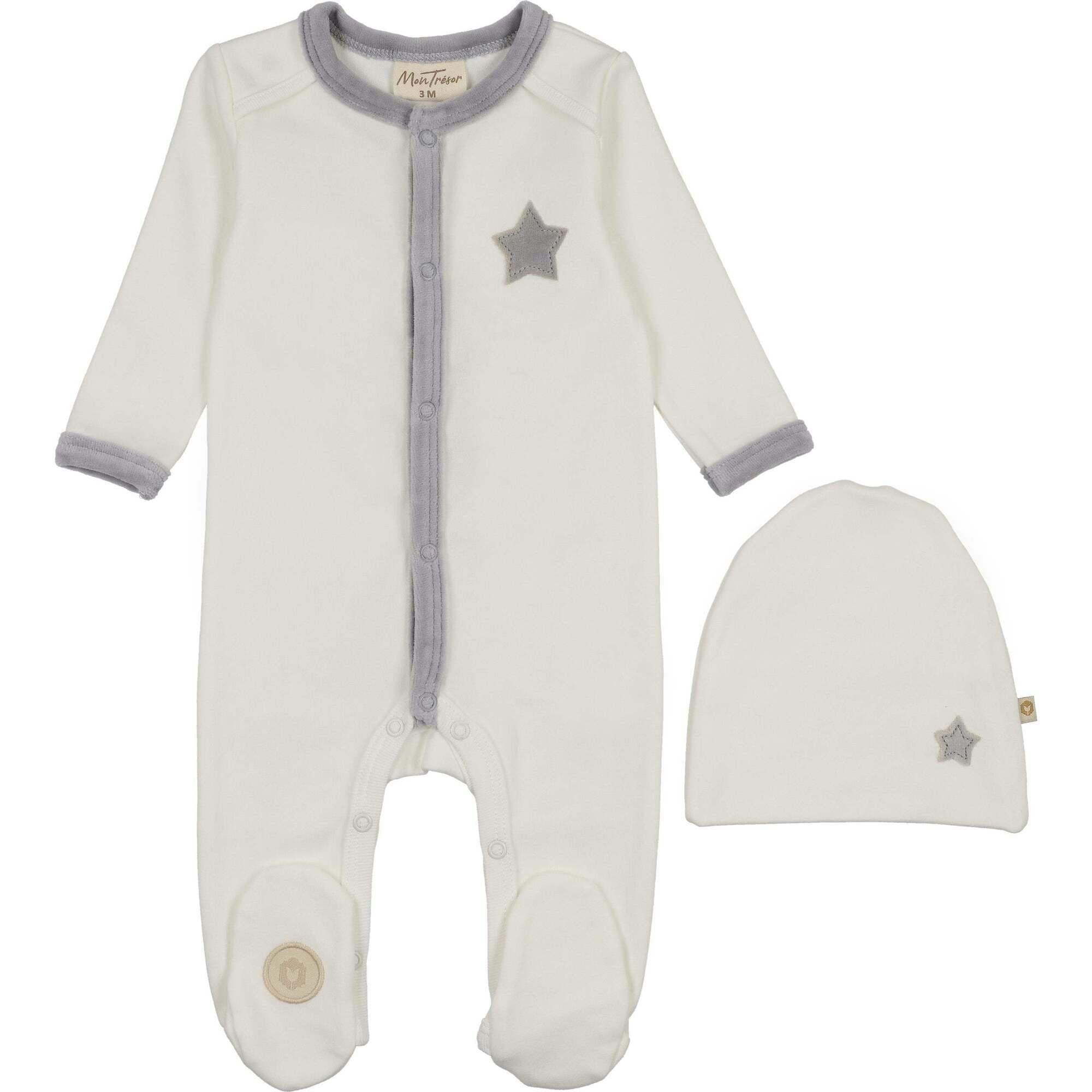 Star-Patch Velour Footie & Hat Set