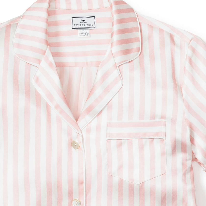 Women's Silk Pajama Short Set in Pink Stripe