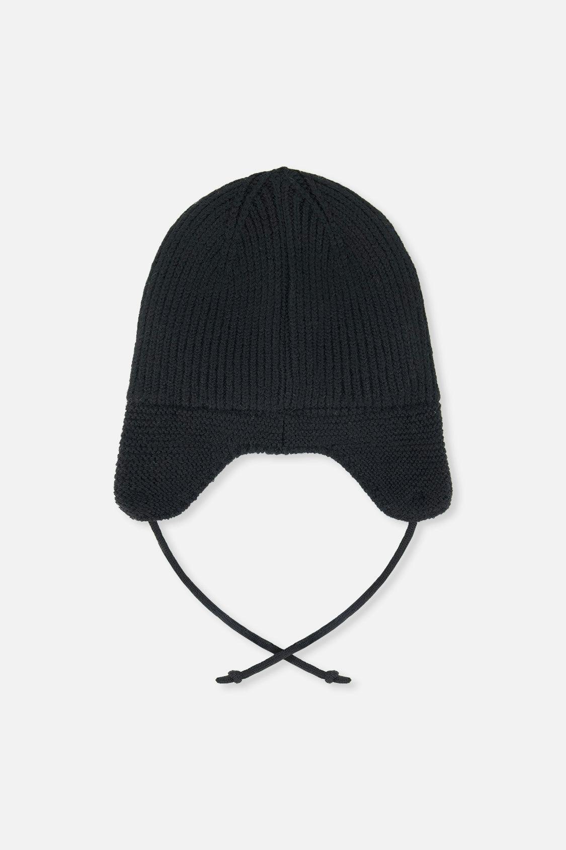 Baby Winter Knit Hat With Ear Flaps And Strings Noir