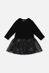 Bi-Material Dress With Glittering Skirt Black