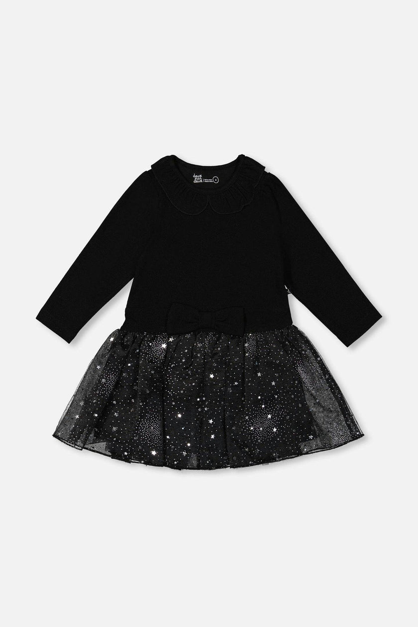 Bi-Material Dress With Glittering Skirt Black