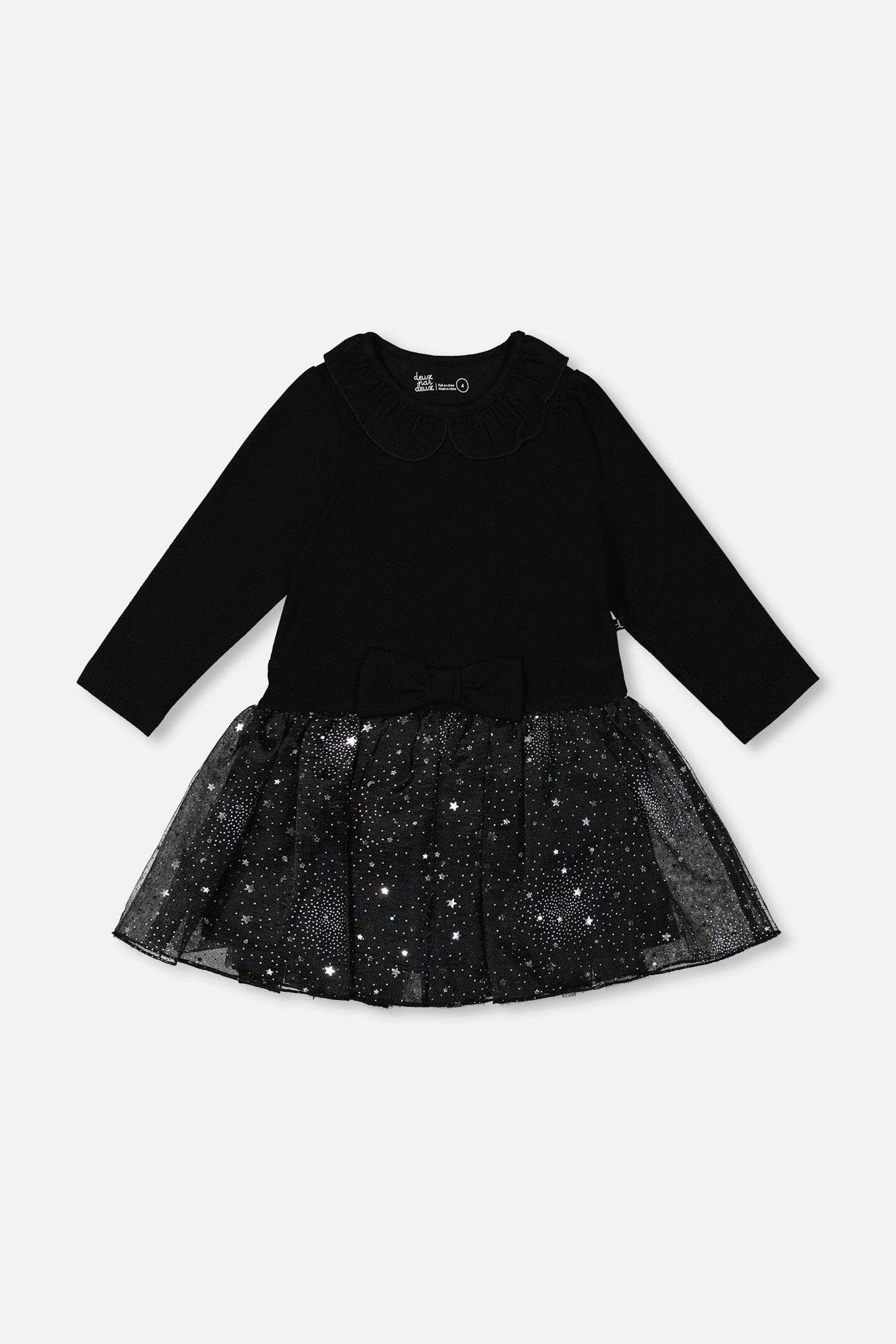 Bi-Material Dress With Glittering Skirt Black