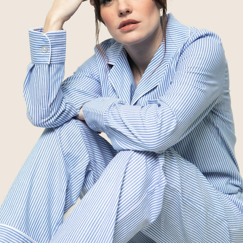 Women's Twill Pajama Set in French Blue Heritage Stripe