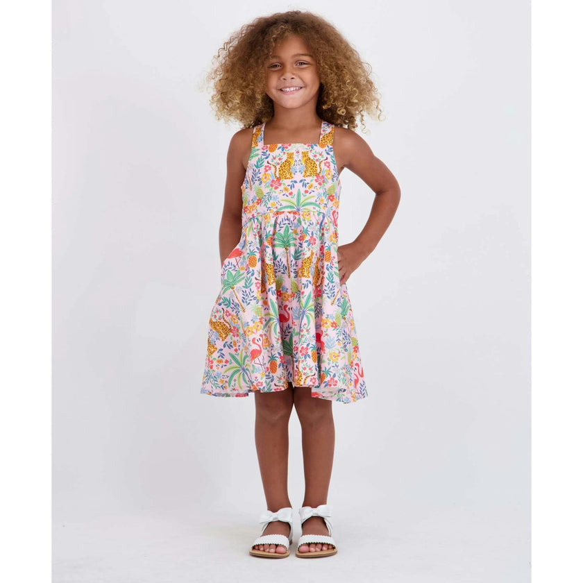 Girls Textured Cotton Poplin Dress | Pink Cheetah
