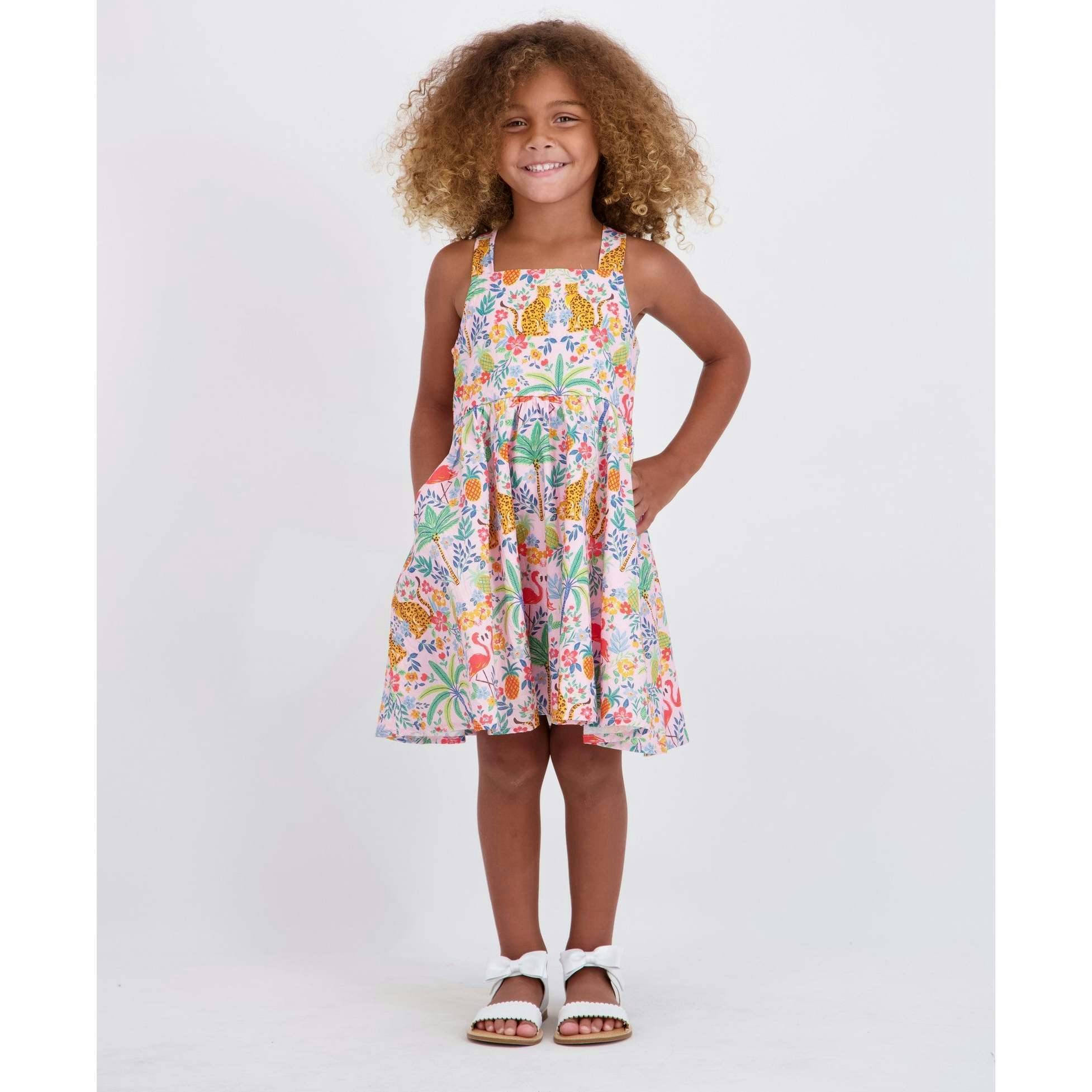 Girls Textured Cotton Poplin Dress | Pink Cheetah