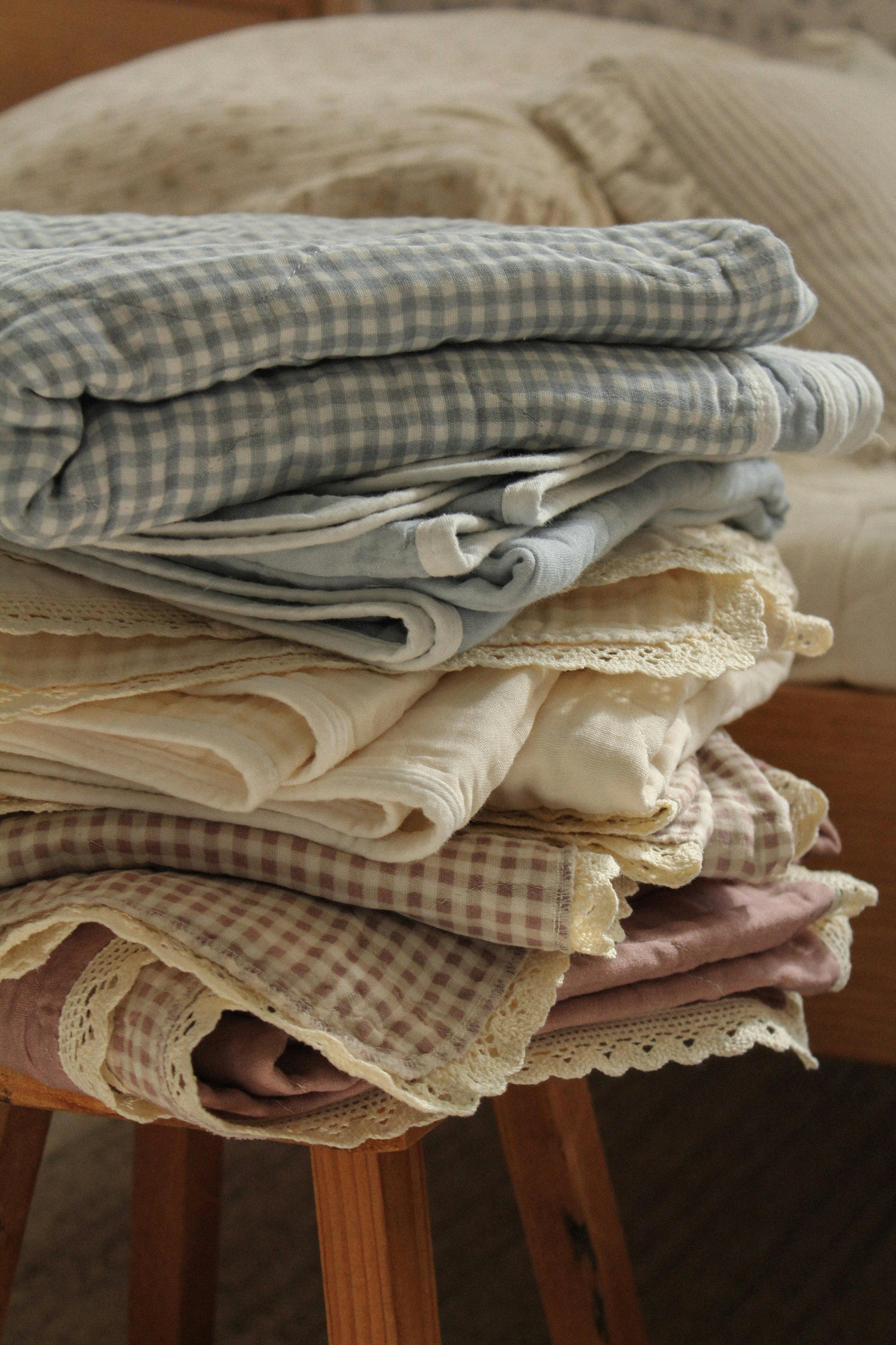 Dusty Blue Solids + Gingham QUILTED 6 Layer Gauze Blanket