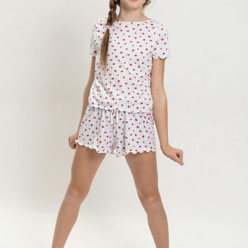 Girls Strawberry Print Short Sleeve Top and Shorts Set