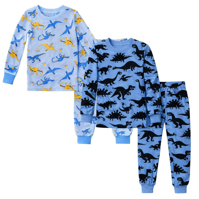 Kids and Toddlers 2 Pack Blue Dinosaurs/Dark Dinosaurs Long Sleeve Snug Fitted Pajamas