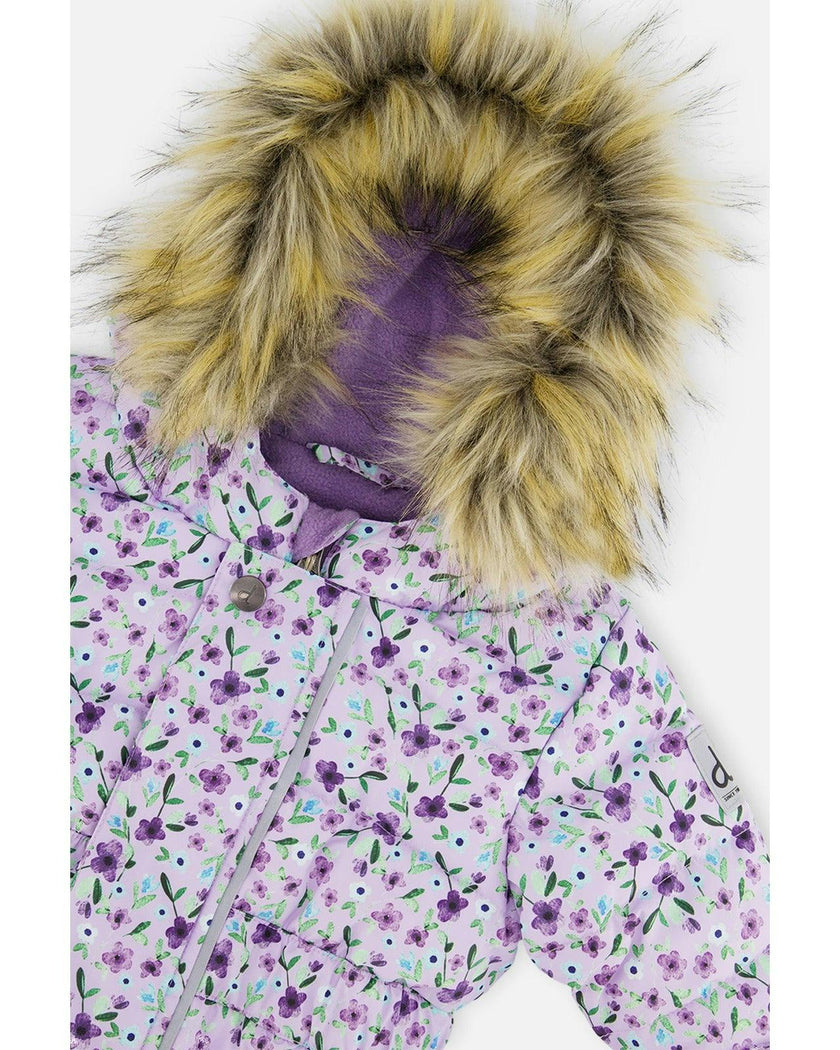 Baby Original One Piece Puffy Snowsuit With Removable Mittens And Boots Purple Printed Mini Flowers