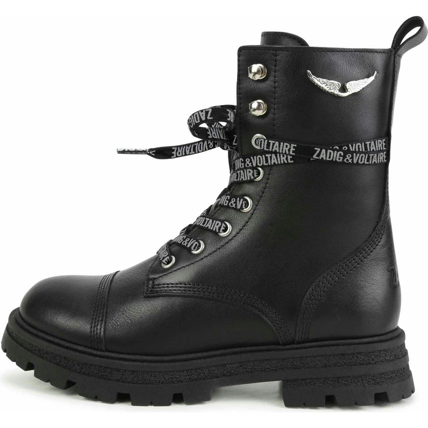 Logo-Print Laces Leather Combat Boots