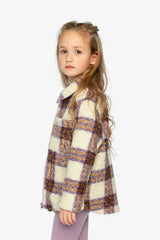 Zipped Sherpa Overshirt With Chest Pockets Beige And Mauve Plaid