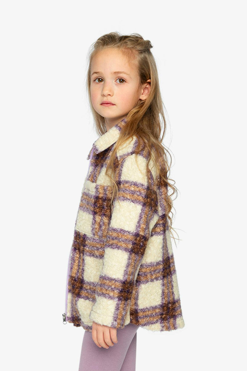 Zipped Sherpa Overshirt With Chest Pockets Beige And Mauve Plaid